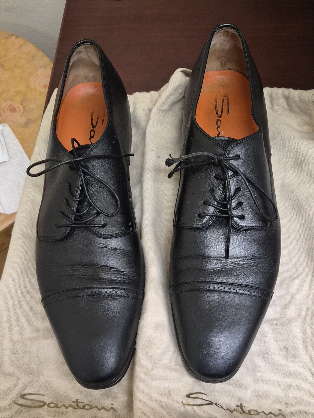 Santoni Black Leather Cap-Toe Derby Dress Shoes Size 9